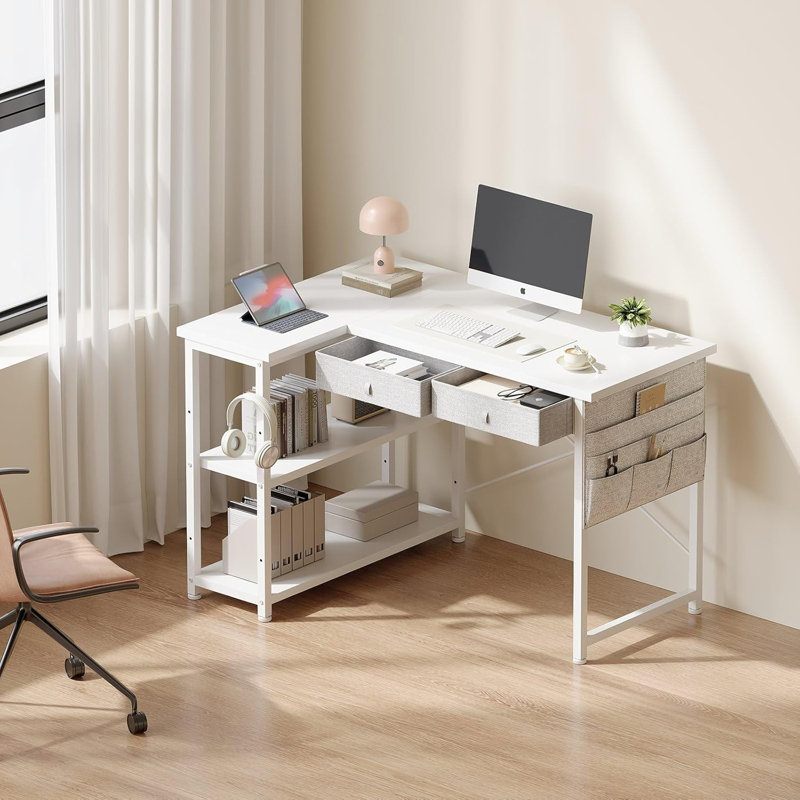 Compact L-Shaped Desk With Drawers And Shelves, Space-Saving Corner Computer Desk With Storage Pouch, Ideal For Home Office And Study Rooms