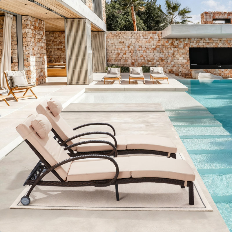 Patio Outdoor Lounge Chairs Set Of 2,Adjustable 5-Position Outdoor Chaise Lounge With Armrests & Wheels For Poolside, Backyard, Deck