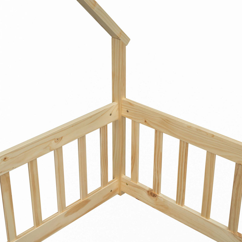House-Shaped Floor Bed With Fence, Guardrails, Full, Natural