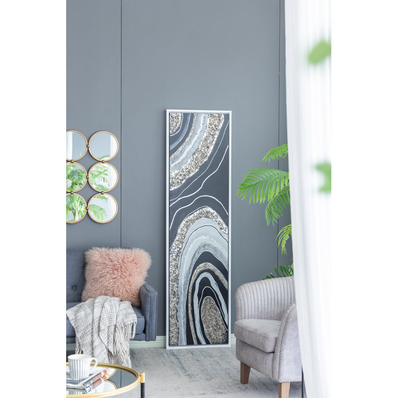Elongated Landscape Rectangle Framed Artwork with Textured Silver Frame and Embedded Crystals, Rustic Decorative Piece for Living Room or Gallery Wall