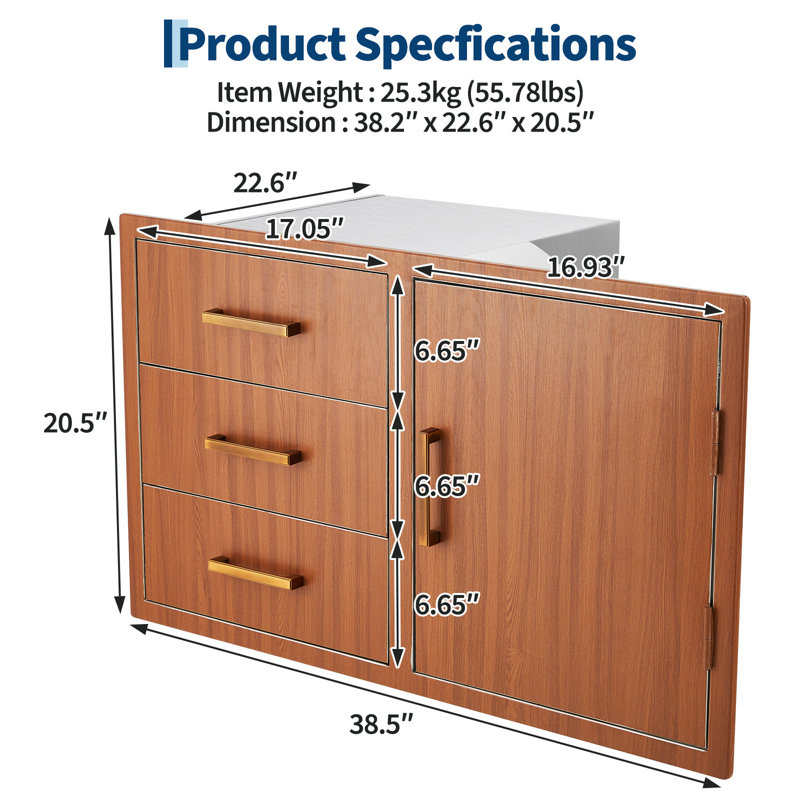 38.2 Inch Stainless Steel Outdoor Kitchen Door Drawer Combo with Triple Drawers and Access Door, Propane Storage, Adjustable Garbage Ring