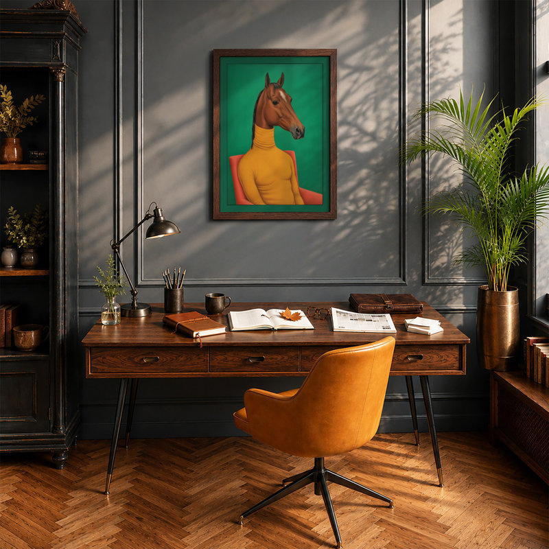 Horse in Yellow Surrealism - Framed Print, A1 - 84.1 x 59.4 cm, Walnut