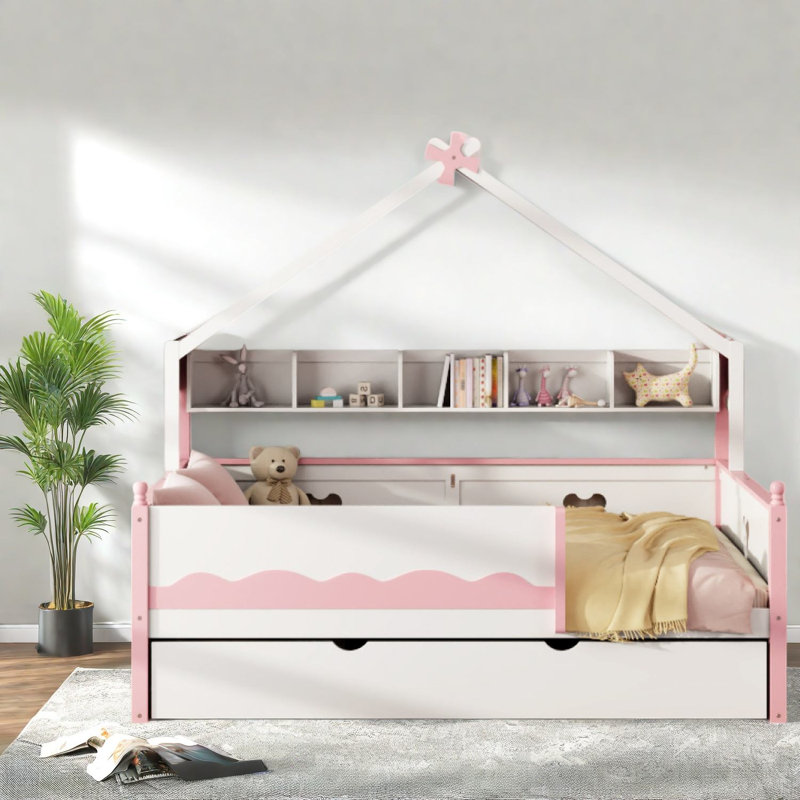 Lits modernes gain d'espace avec rangement, lit de jour en bois MDF avec lit gigogne, Blanc et rose