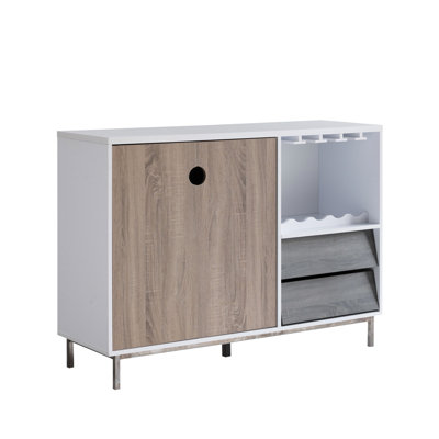 Wooden Cabinet For Wine Glasses And Storage, With Drawer, White & Dark Taupe Distressed Grey Finish Display Rack Holds 6 Glasses, Decoration