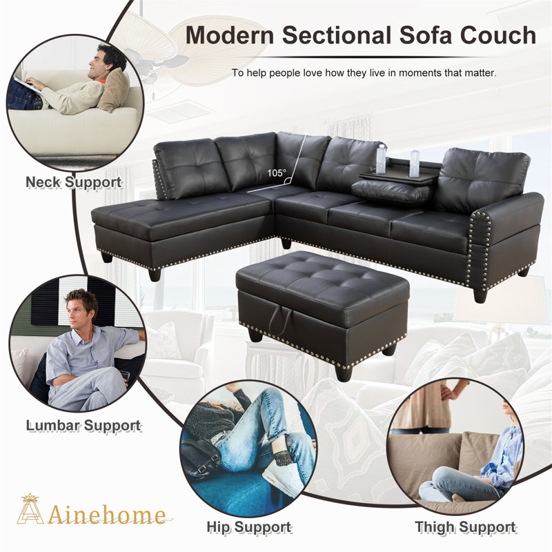 Plyler 97.2" Wide Modular Sectional with Ottoman, Black Faux Leather, Left Hand Facing