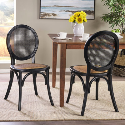 Ensemble de 2 chaises de salle à manger, dossier tissé en rotin noir mat et siège brun