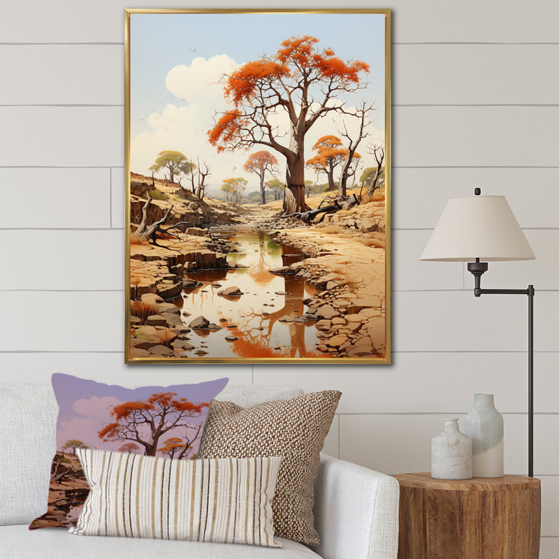 Baobab africain, paysage de savane II - impressions de toile de baobab, Cadre flottant doré, H 40 po x l 30 po