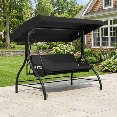 Balançoire de patio 3 pièces résistante aux rayons UV résistante à la décoloration avec auvent réglable, coussins épais amovibles et poches latérales pratiques pour une utilisation en terrasse près de la piscine