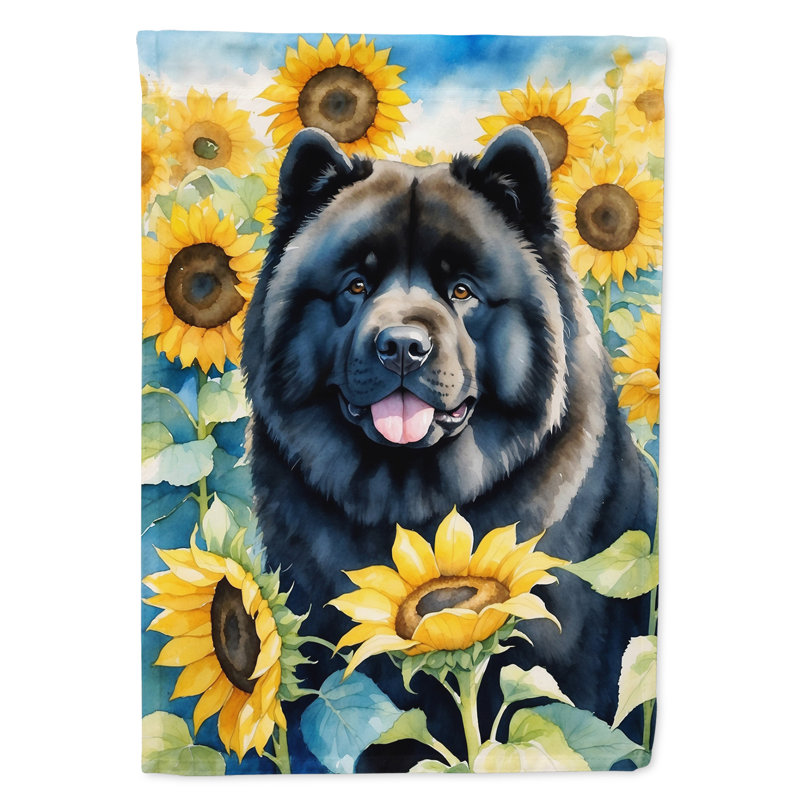 Lévrier irlandais dans le drapeau du jardin de tournesols, Chow-chow noir