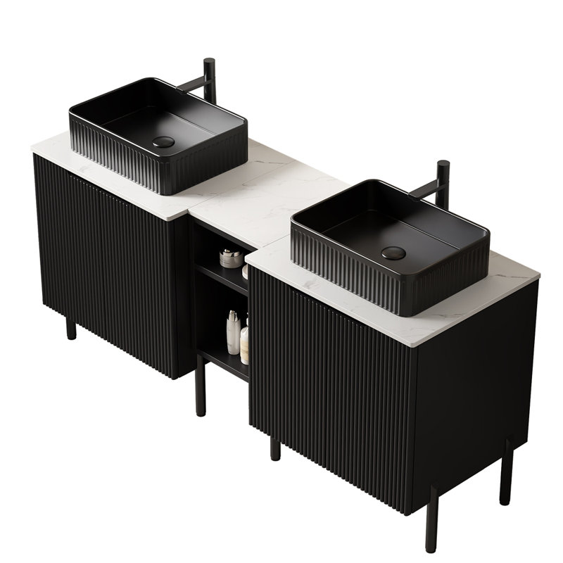 Meuble-lavabo double autoportant 60 po avec lavabo 60 po, 2 armoires de rangement rayées 24 po + tablette ouverte amovible 12 po, 2 vasques rectangulaires avec comptoir blanc Carrara