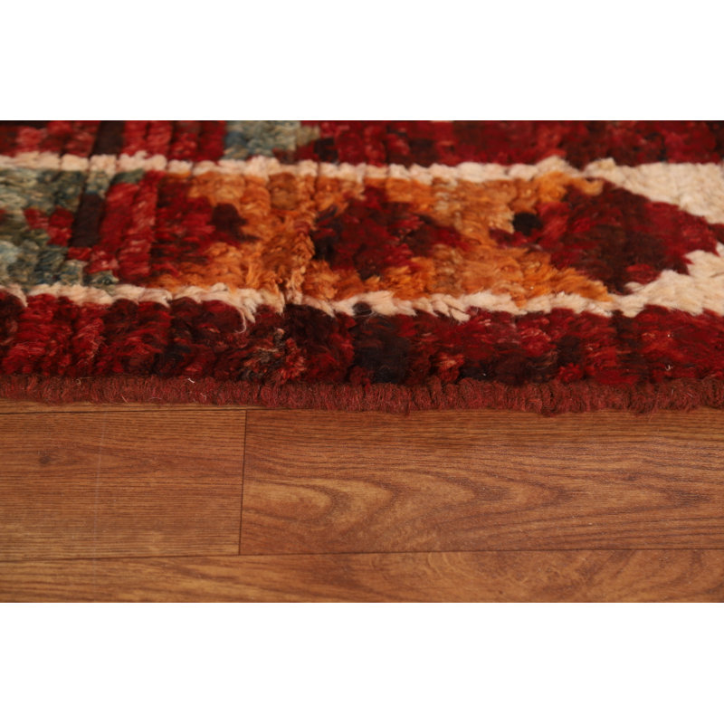 Tapis brun / vert / rouge en laine noué à la main de conception unique 6 pi 8 po x 9 pi 6 po New Age