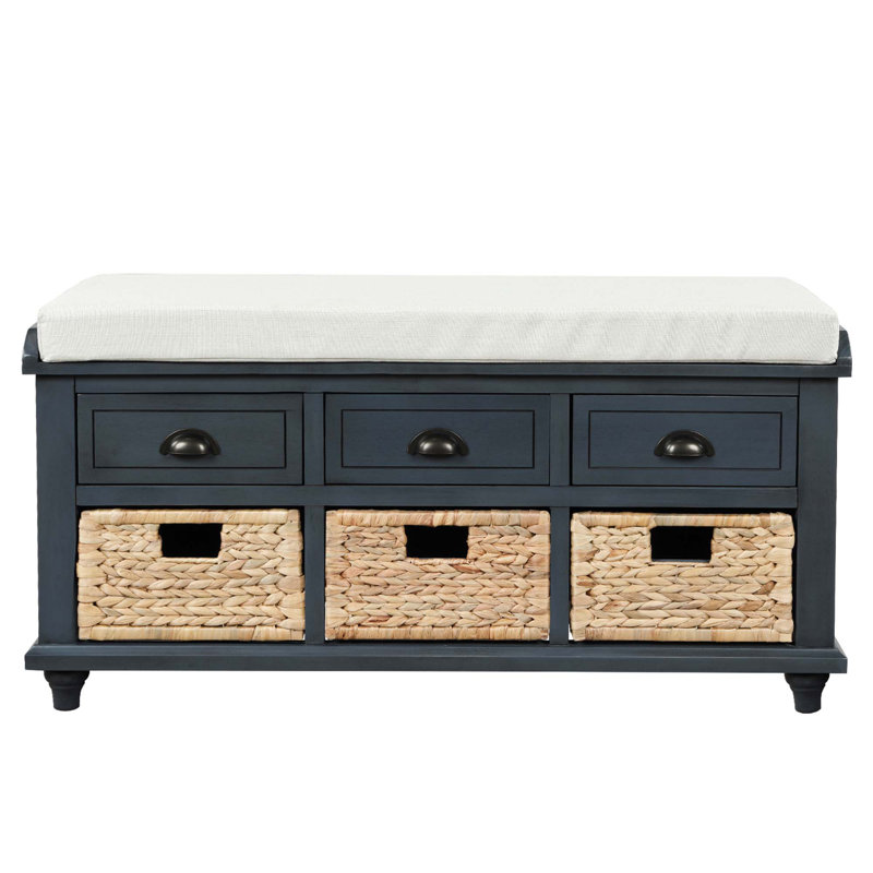 Fluker Rustic Storage Bench with 3 Drawers and 3 Rattan Baskets, Shoe Bench for Living Room, Entryway, Antique Navy