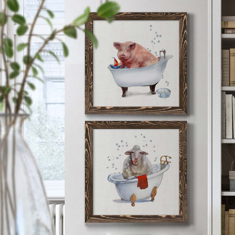 «Farm Tub Pig», ensemble de 2 peintures sur toile encadrées, H 20 po x l 40 po x P 1,5 po, Cadre noyer