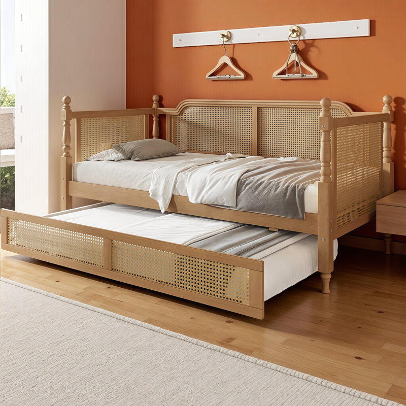 Handcrafted Rattan Daybed with Pull-Out Trundle for Twin/Full Size Bedding - Space-Saving Solution for Cozy Guest Rooms, No Box Spring Required