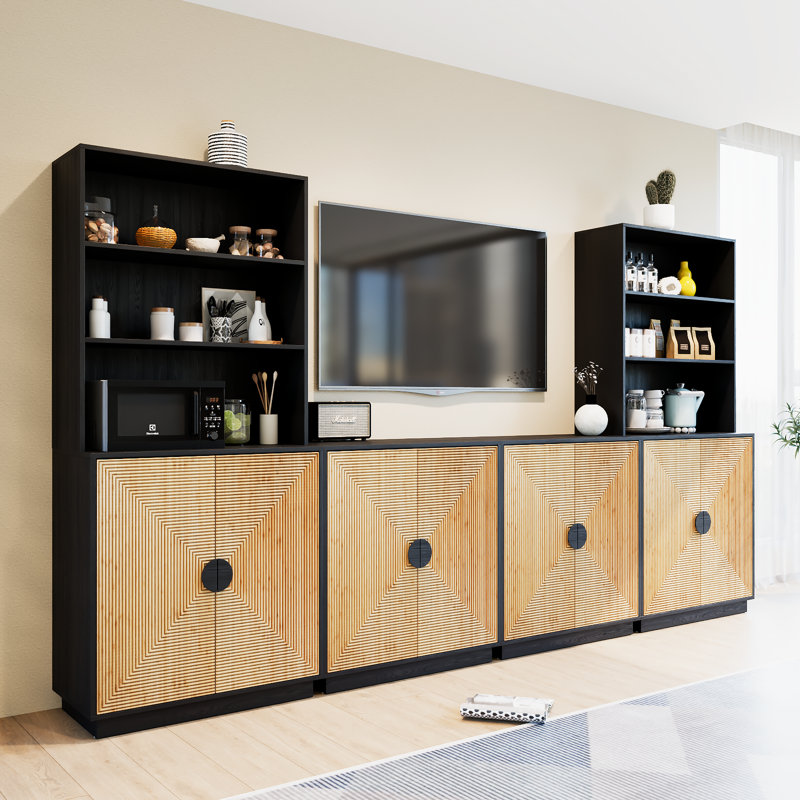 Grand meuble télé en bambou 4 pièces avec bibliothèque pour téléviseur de 63 po ou moins, Noir / brun