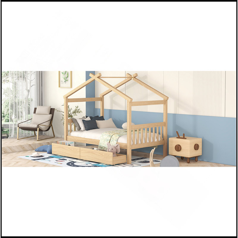 Lit en bois avec tiroirs, Naturel