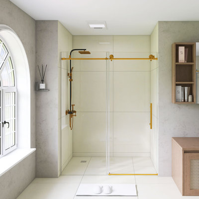 56-60" W × 76" H Premium Frameless Sliding Shower Door – 1/4"(6mm) Tempered Glass With Explosion-Proof Film, Stainless Steel Handle, Brushed Gold Finish, Modern Minimalist Design