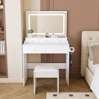 New Large Mirror Vanity Desk For Bed Room  , Modern Makeup Vanity Set With Power Outlet And Hair Dryer Holder, 5 Drawers , 3 Lighting Color Adjustable Dressing Table For Bedroom, White Color