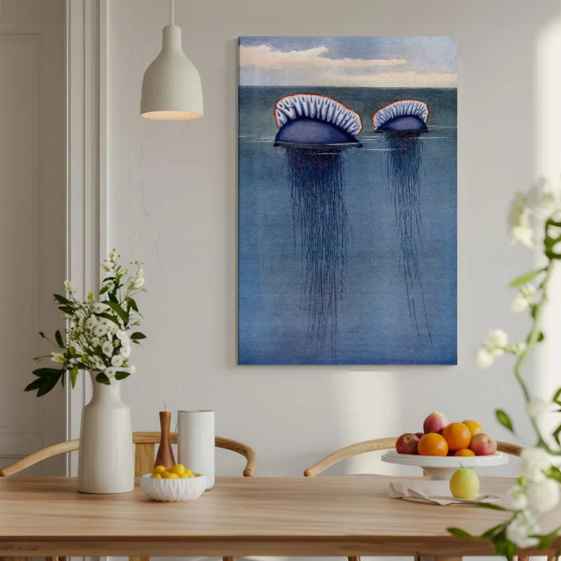 Art rétro sur toile, impression aquarelle méduse bleu foncé, décoration murale 24 x 36 grand thème océan pour bureau