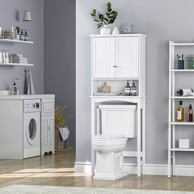 Meuble de rangement à installer au-dessus des toilettes, avec portes à panneaux surélevés, tablette réglable, rangement ouvert, conception antibasculement, blanc