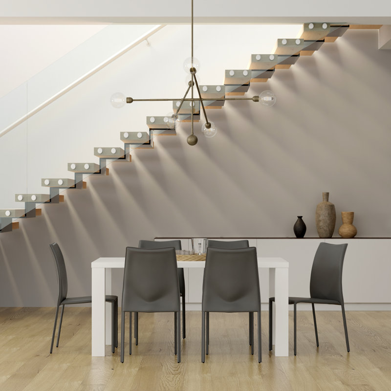 Carson 63" Dining Table In High Gloss White And 6 Sokol Stacking Chairs, Gray