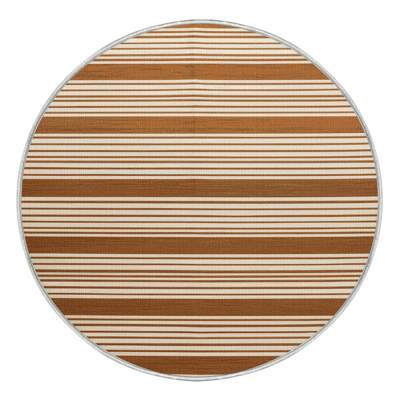 Machine Washable Horizontal Stripes Beige Area Rug, Round 7'