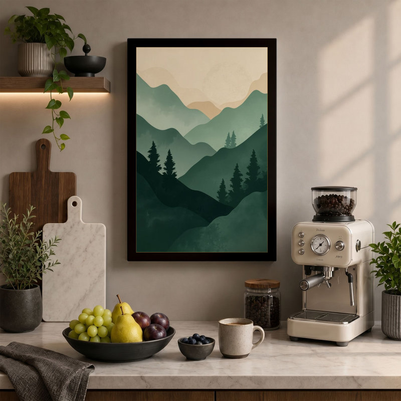 Mountains in Mist Scandinavian 1 Piece Wrapped Canvas Wall Art, 30x20 - 76.2 x 50.8 cm, Cream Border