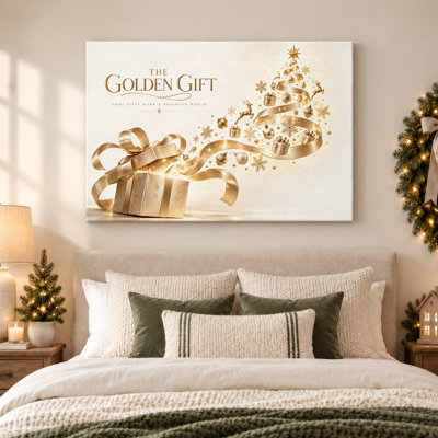 Toile de Noël dorée et ruban rougeoyant, art mural sur toile de Noël