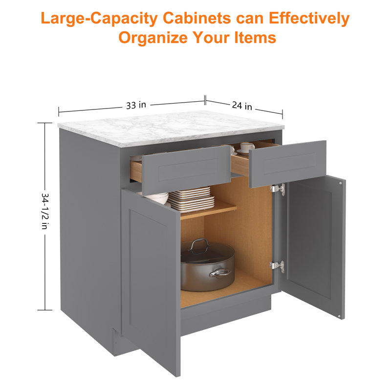 Plywood Ready to Assemble Kitchen Base Cabinets with 2-Drawers and Adjustable Shelf, 34.5" H x 33" W, Shaker Greystone