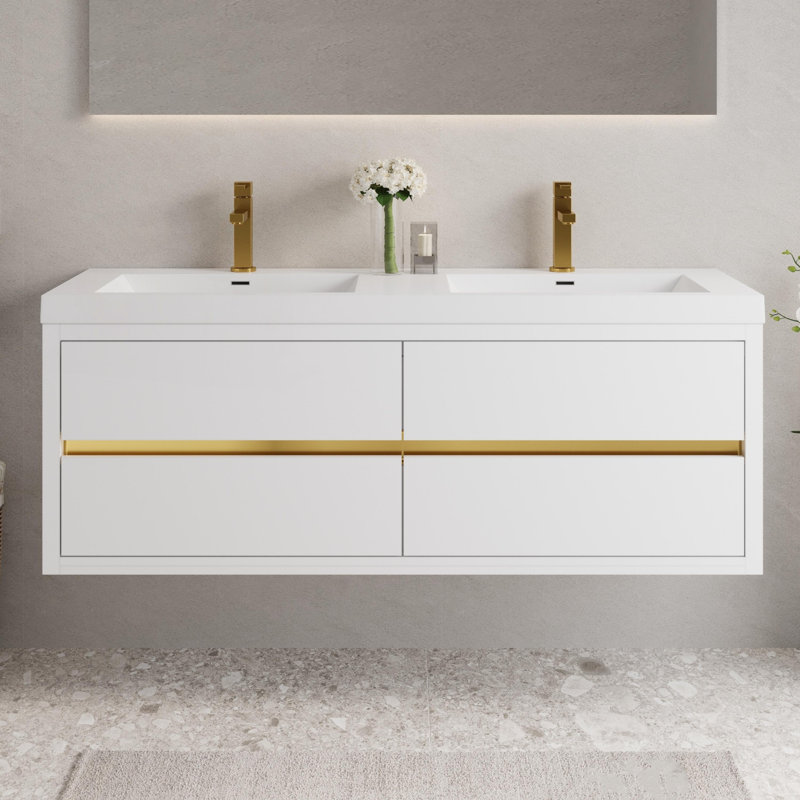 Meuble-lavabo mural de 60 po avec lavabo, armoire de rangement flottante, comptoir en résine de pierre, tiroirs à fermeture en douceur et fini blanc brillant