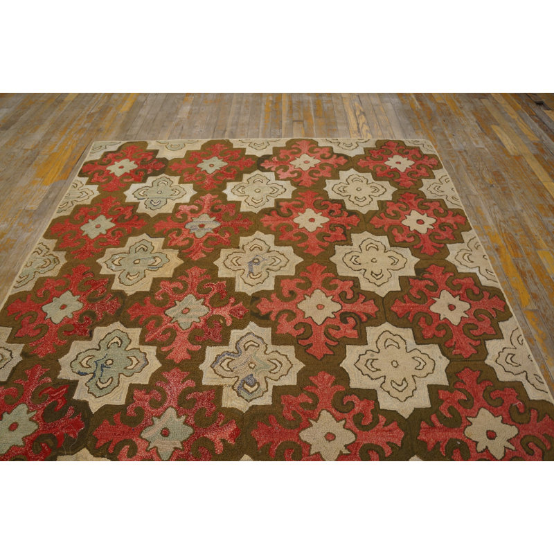 Antique American Hooked Rug America Geometric Hand-Woven