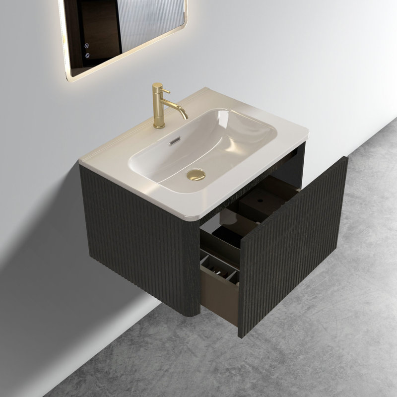 Meuble-lavabo moderne 24 po - Chêne noir brossé rayé, lavabo blanc brillant