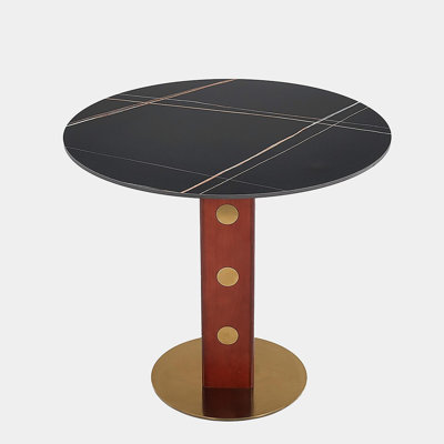 Table de salle à manger ronde 33,5 po en pierre frittée avec pieds en bois et base dorée