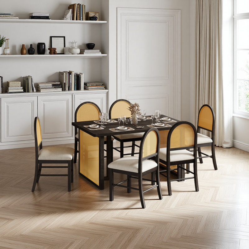 Ensemble de table de salle à manger 7 pièces pour table de salle à manger rectangulaire 6 - 59,8 "avec placage patiné et 6 chaises en rotin