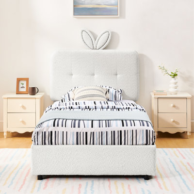 Twin Bed With Large Rabbit Ear Headboard, Remote - Controlled Led , 4 Storage Drawers, Boucle Fabric, Soft And Skin , Stable Frame Bedroom Oversized For A Relaxed Sleep, Drawers Bedding Storage,