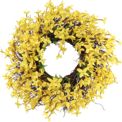 4pc 16" Artificial Forsythia Wreath, Yellow & Green Hues, Twig Base, Handcrafted
