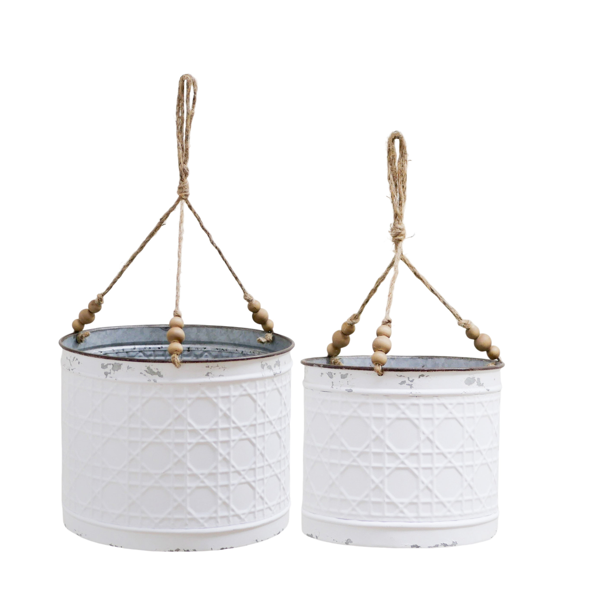 VIP INTERNATIONAL VIP Metal 10.25 in. White Embossed Hanging Planter ...