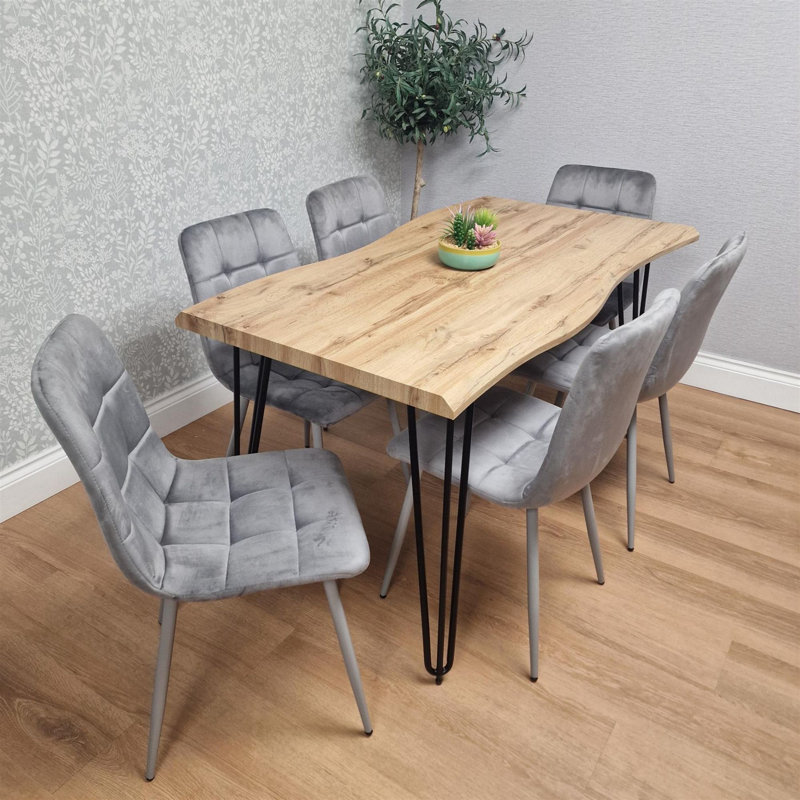 Wooden Dining Table and 6 Velvet Chairs - Stylish Dining Room Furniture, Grey, 75cm H x 140cm W x 80cm D