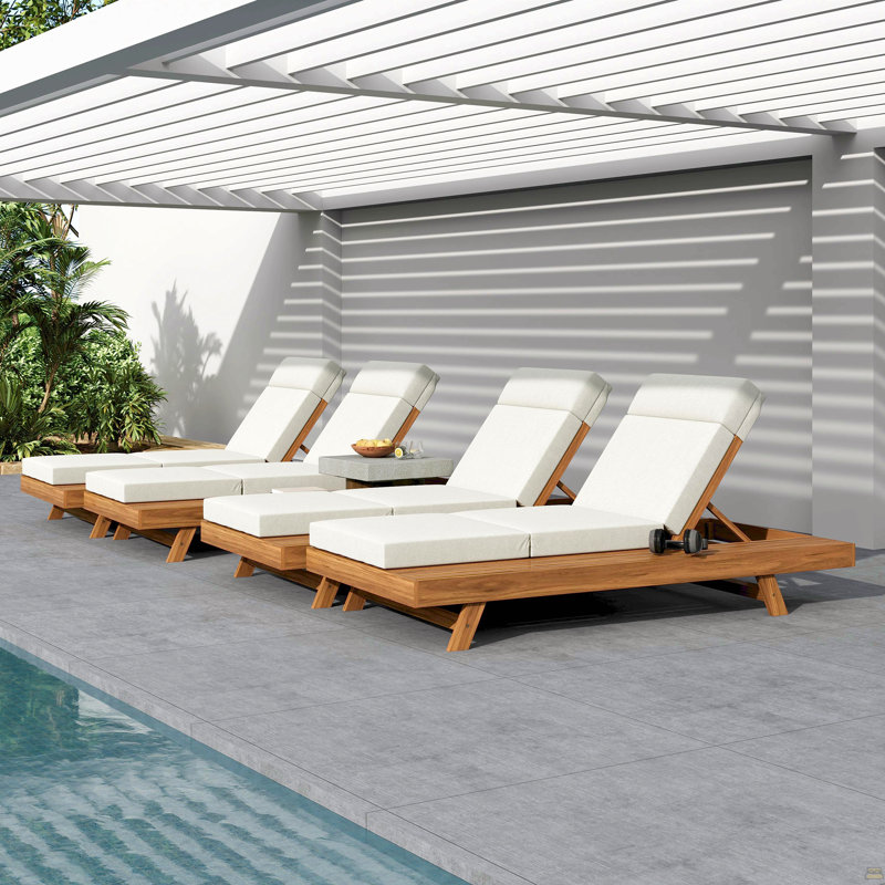 Lounge Chaise Set With Headrest,Space Available On One Side, Acacia Wood With Water-Resistant Lounge Cushions, Cream