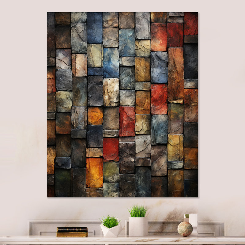 Tiles colorées de couleurs de la terre I - art mural en métal abstrait, H 40 po x l 30 po x P 1,5 po