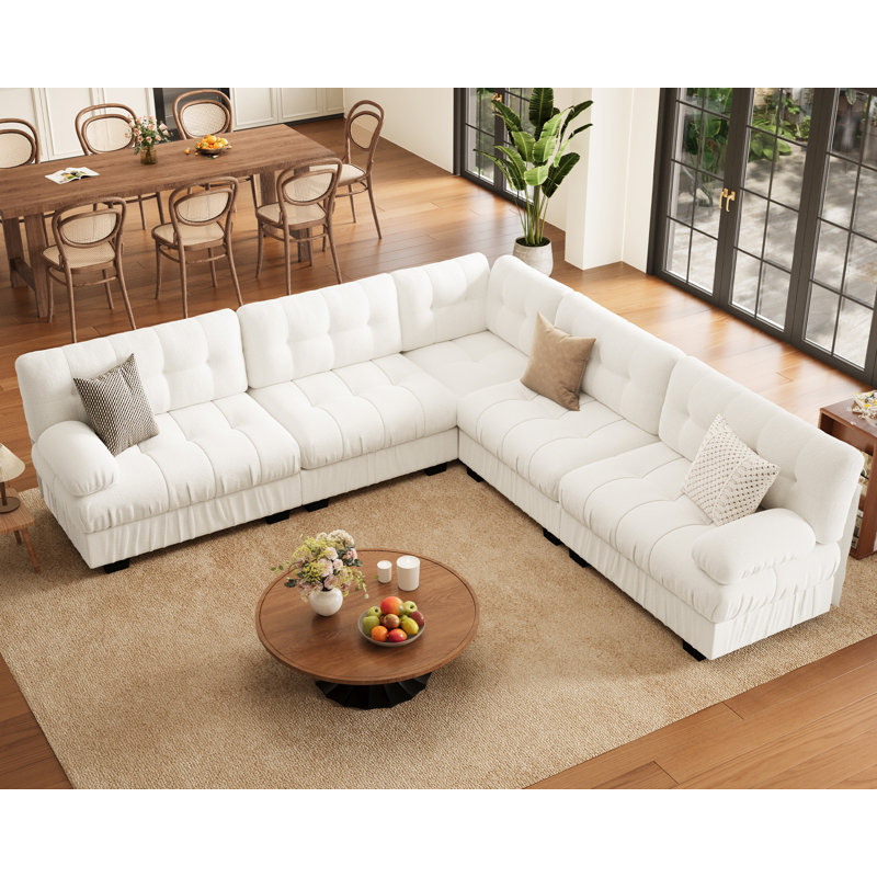Canapé modulaire modulaire en forme de L à 5 places, canapé en chenille confortable blanc, Chenille blanche