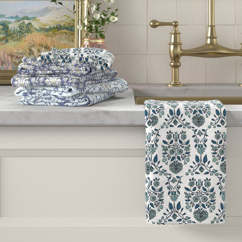 Charming Blue Floral Cotton Kitchen Towels Set of 6