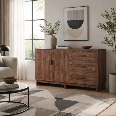 59.1" Buffet Sideboard with 2 Doors and 3 Drawers, Walnut Storage Cabinet with Oval Grain Texture, Farmhouse Credenza