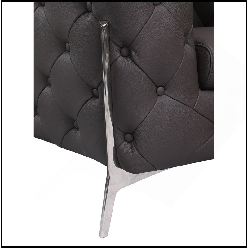 Causeuse rembourrée en cuir 100% italien Global United, Brun, Argent argent