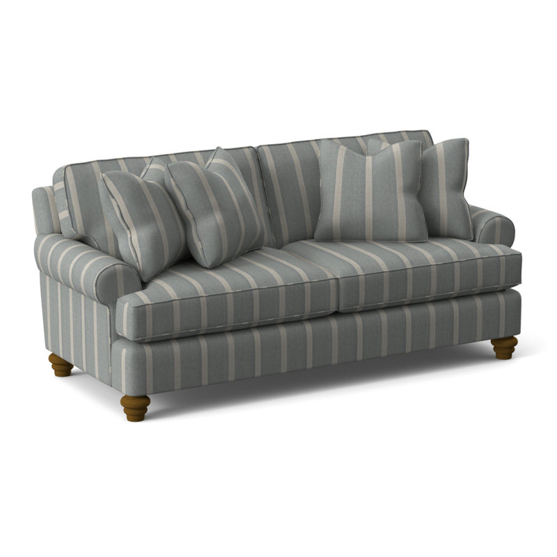 Lowell Upholstered 86'' Sleeper Sofa, Havana Finish, Light Blue and White Stripe; 0256-54, Air Dream Mattress