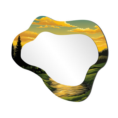 Multicolor bold farm landscape II - Meadow Cloud Mirror, Green Asymmetrical Unique Wall Mirror, Printed Metal Art