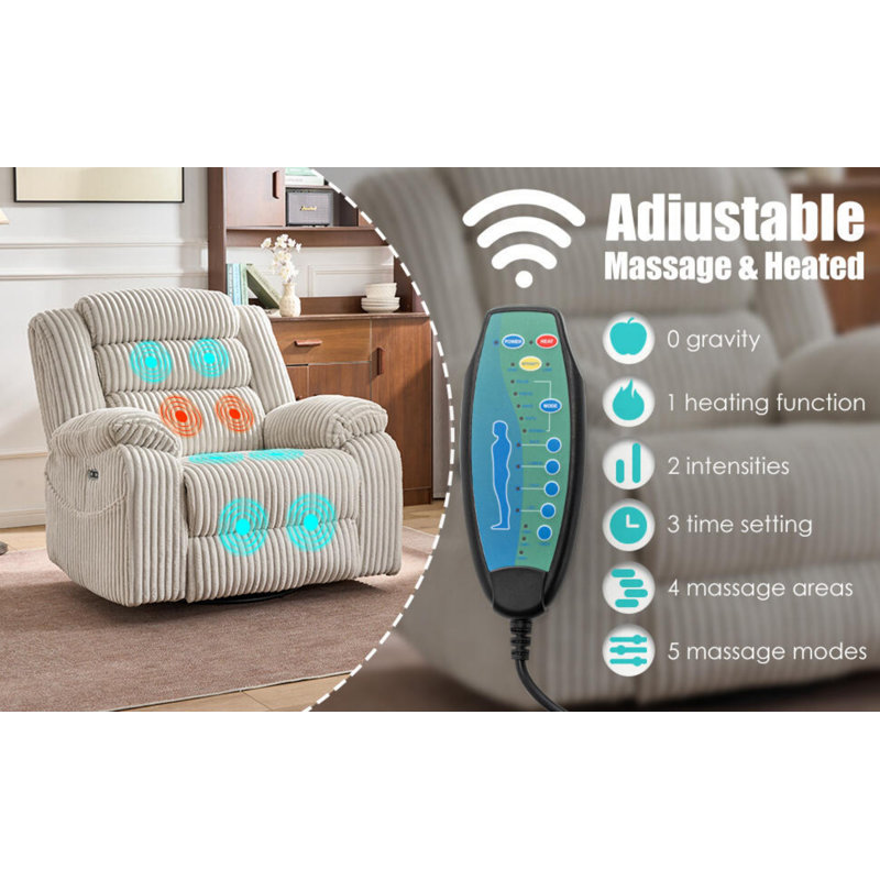 Fabric Recliner With Dual Charging Options, 270° Rotation, 160° Flat-Laying Function, Built-In Massage & Heating Feature - Fall/Winter Style - Boxed Set