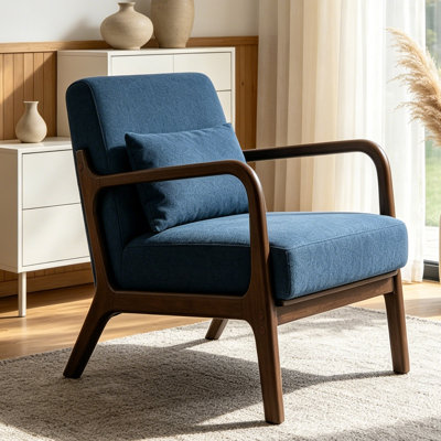 Chaise d'appoint de style Mid-Century moderne avec structure en bois et coussin de taille, fauteuil de lecture rembourré en coton et lin pour le salon, la chambre et la véranda - rembourrage en mousse haute densité