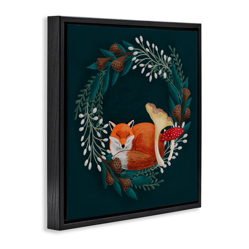 Sleepy Fox dans un cadre flottant couronne de botanique, design par Metka Hiti, H 18 po x l 18 po