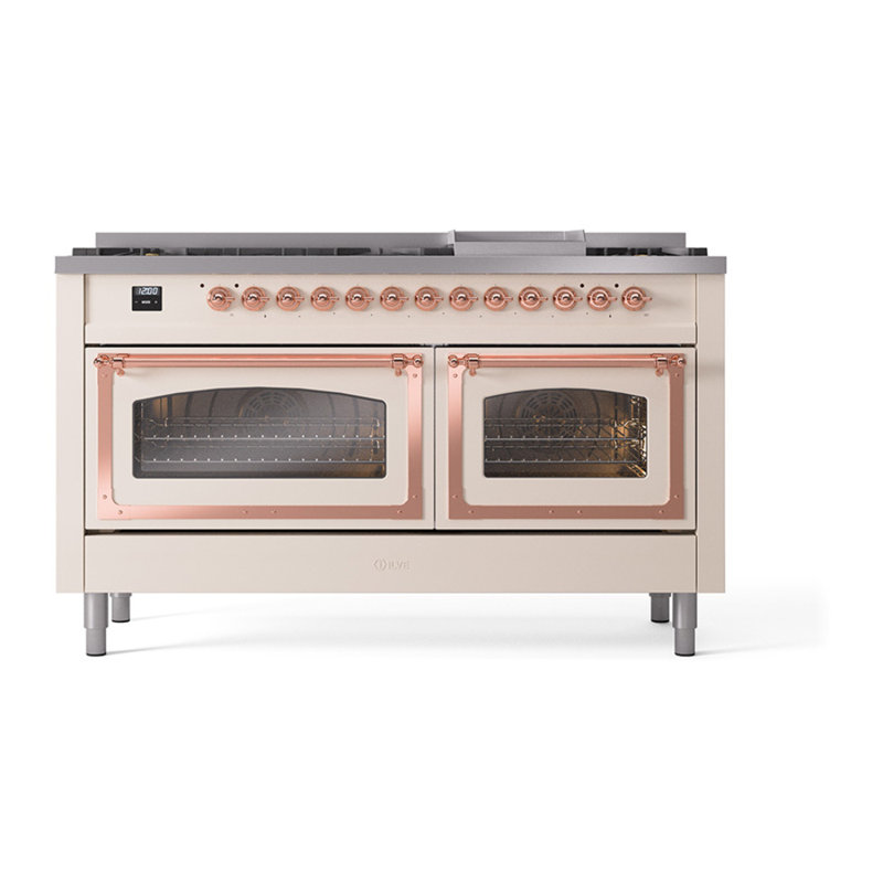 ILVE Nostalgie II Noblesse 60 in Dual Fuel Range, 9 Burner, Griddle, Antique White/Copper, Liquid Propane
